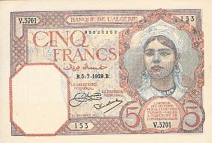 Algerie 1929 - Cinq francs - 9 x 13